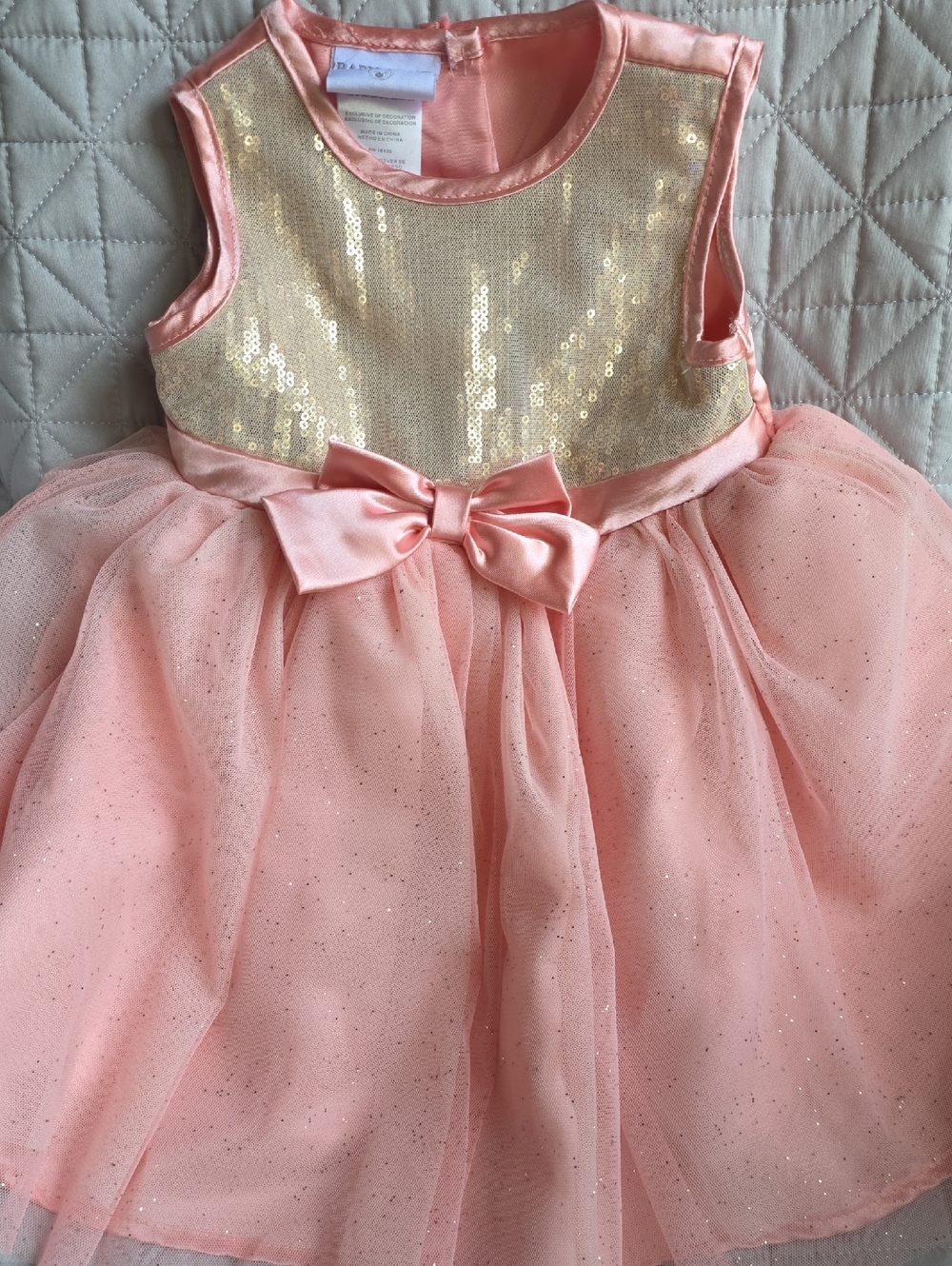 Girls Peach Glitter Sequin Bodice Tulle Dress with Satin Bow
